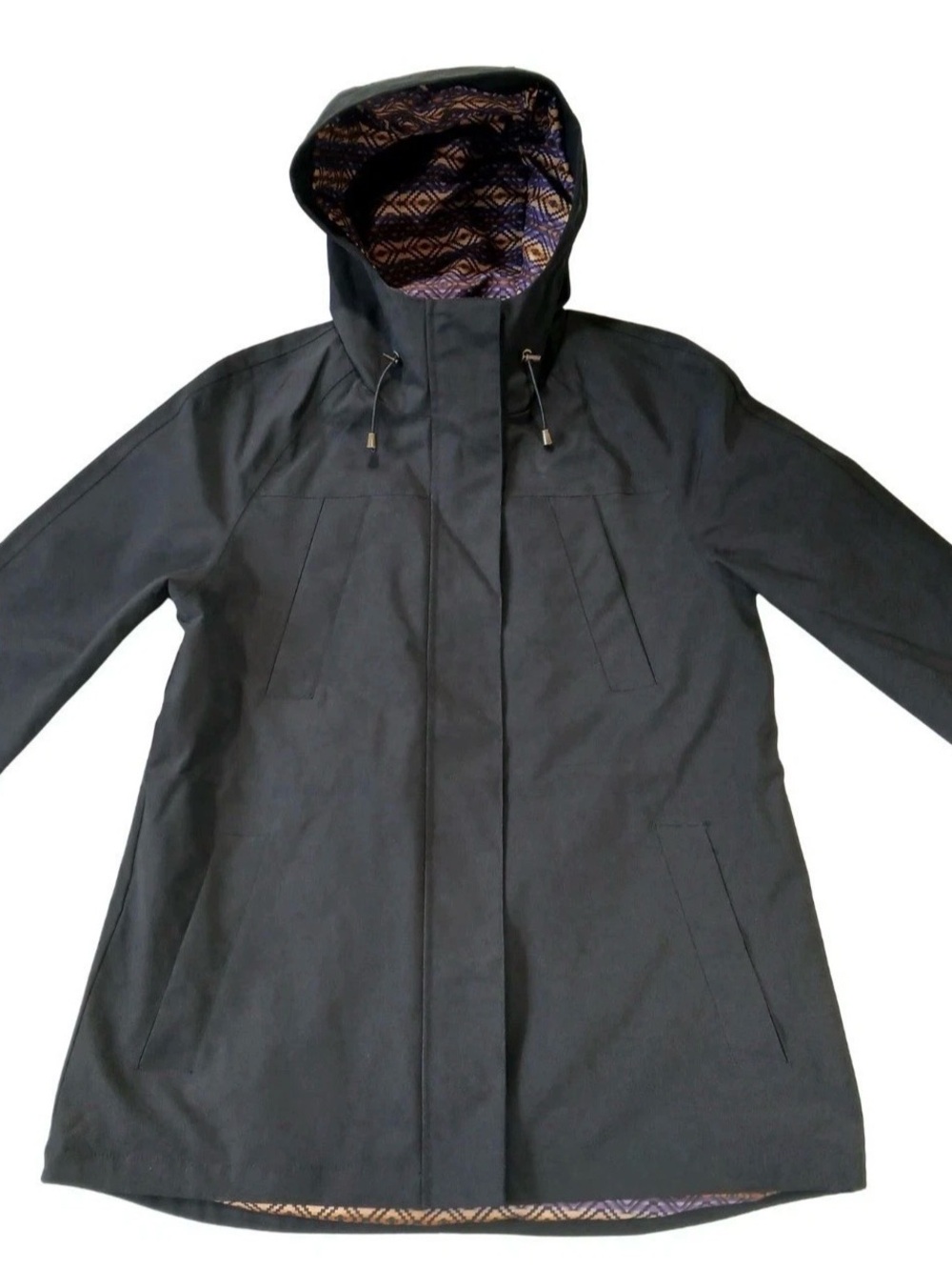 Womens Pendleton Black Hooded Rain Trench Coat with Aztec Patterned Lining M